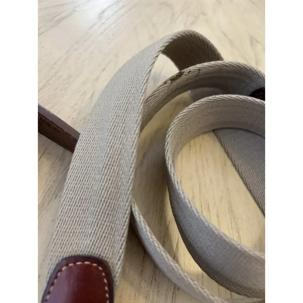 VTG Lands End Belt 42 Preppy Canvas Stripe Blue Leather Tan Y2K USA 506 Lot 2